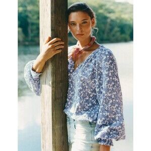 Anthropologie Porridge Peasant Blouse Size S Blue White Floral 100% Cotton New